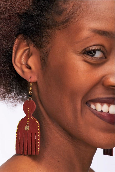 African Comb Wooden Earrings-Brown