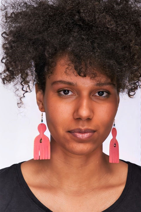 African Comb Wooden Earrings-Pink