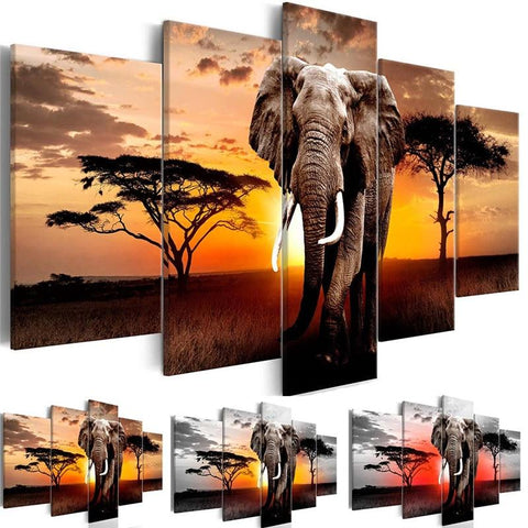 Walking Elephants In African Sunset print Canvas Pictures