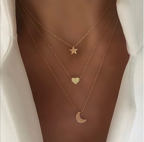 Women Layered Star Heart Moon Gold Necklace