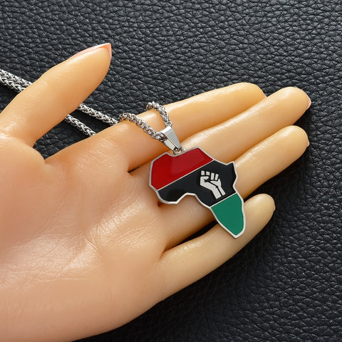 African Color Map & Fist Symbol Pendant Necklaces